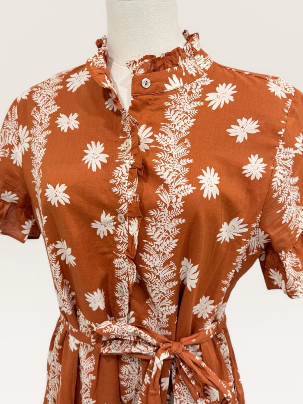J. Marie Aubrey Burnt Orange Floral Button Up Belted Cotton Midi Dress NWT $180 - Picture 6 of 16